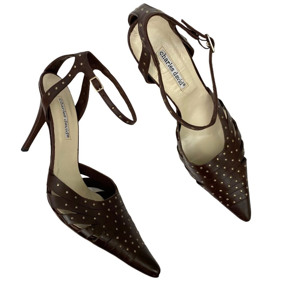 Charles David Brown Leather Studded Pointed Toe High Heels Ankle Strap Size 40